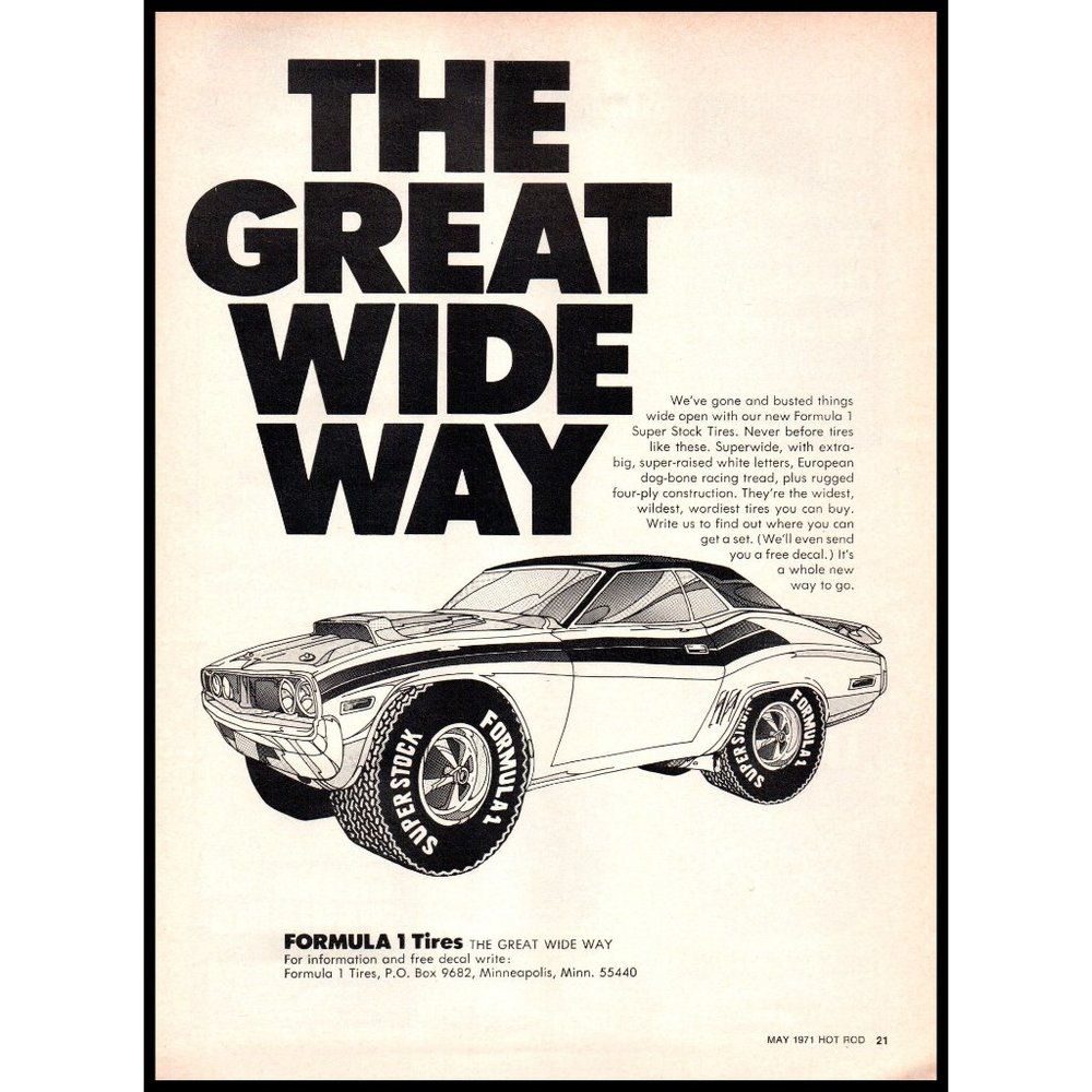 1971 Formula 1 Super Stock Tires Vintage Print Ad The Great Wide Way Wall Art